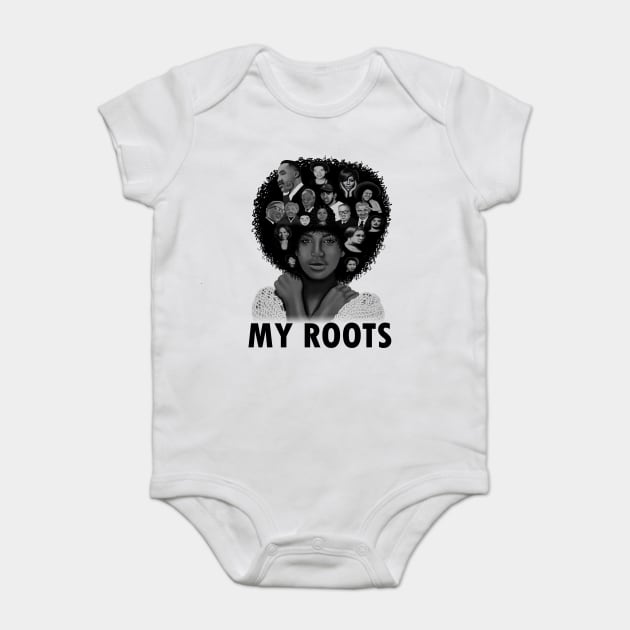 My Roots, Black African History Afro Baby Bodysuit by logiamerch